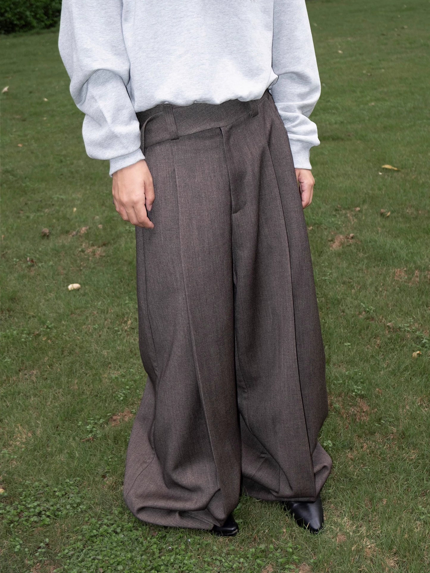 neutral wool straight leg pants