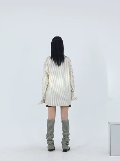 FUZZYKON木製ボタンサブカルチャーアプリコット抽象的な顔プリントルーズな縦縞シャツ