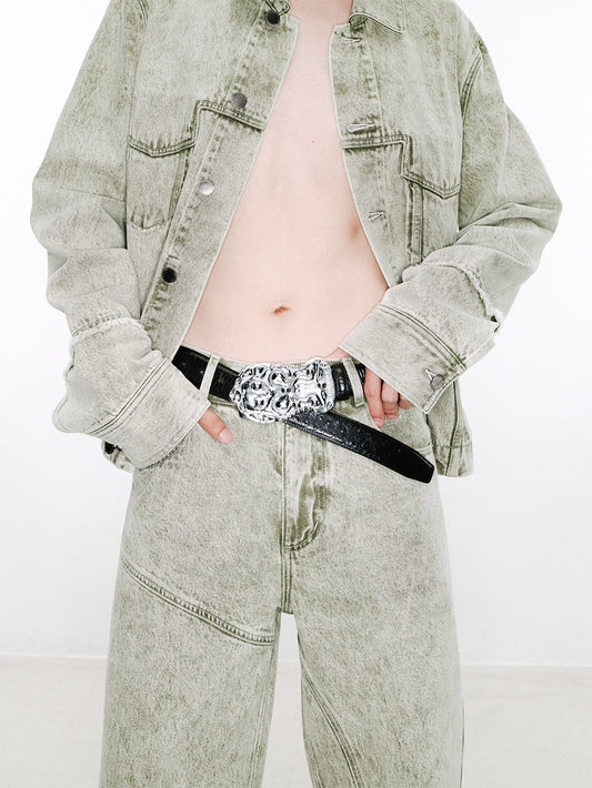 NUTEMPEROR Tremor Project 045 Shaped Totem Metal Head Layer Cowhide Belt Belt