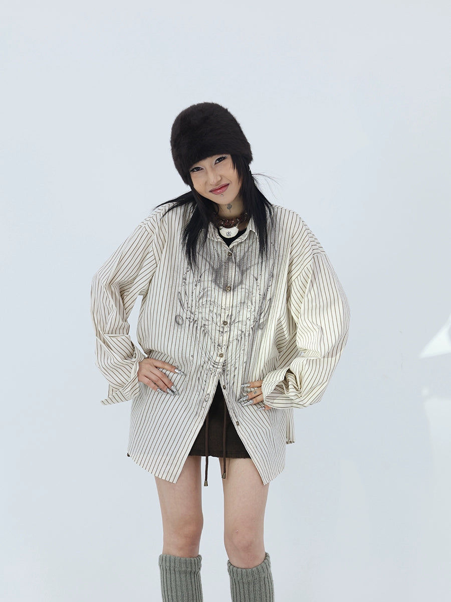 FUZZYKON木製ボタンサブカルチャーアプリコット抽象的な顔プリントルーズな縦縞シャツ