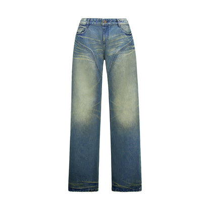 distressed yellowed jeans