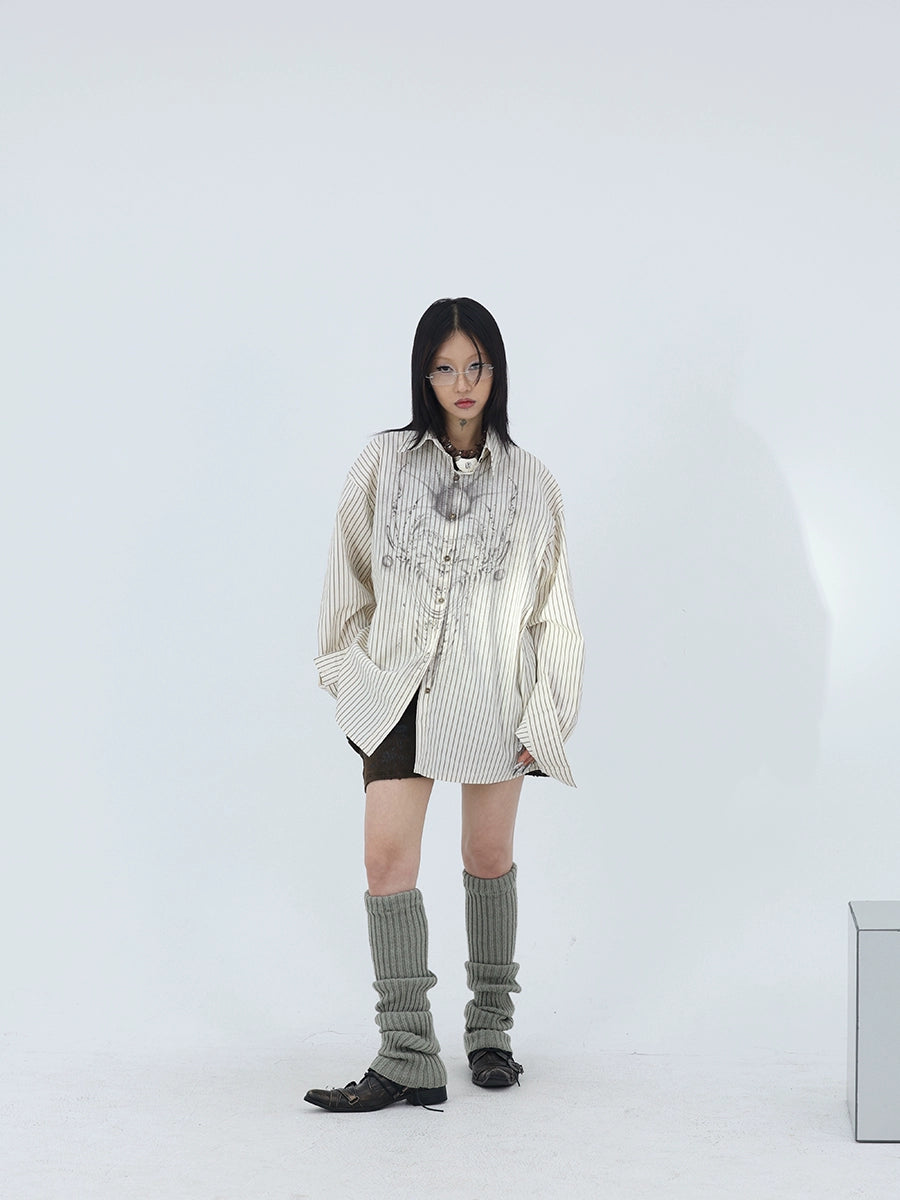 FUZZYKON木製ボタンサブカルチャーアプリコット抽象的な顔プリントルーズな縦縞シャツ