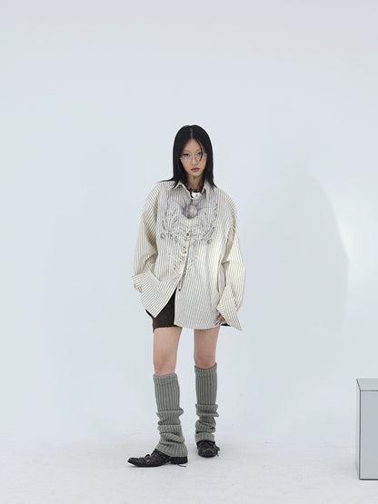 FUZZYKON木製ボタンサブカルチャーアプリコット抽象的な顔プリントルーズな縦縞シャツ